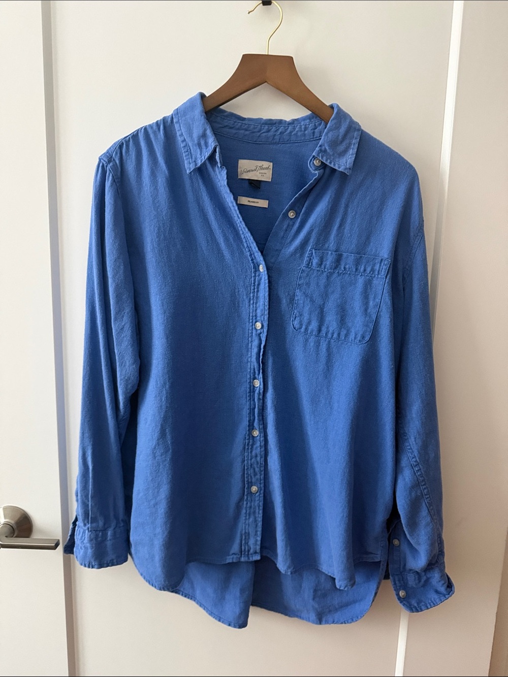 Casual Blue Linen Blend Button-Up Shirt - Relaxed Fit